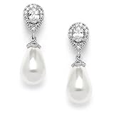 Mariell Pearl Bridal Wedding Drop Earrings with CZ Crystals for Brides, Bridesmaids, Birthday Gift