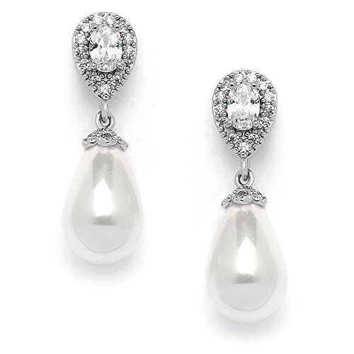 Mariell Pearl Bridal Wedding Drop Earrings with CZ Crystals for Brides, Bridesmaids, Birthday Gift