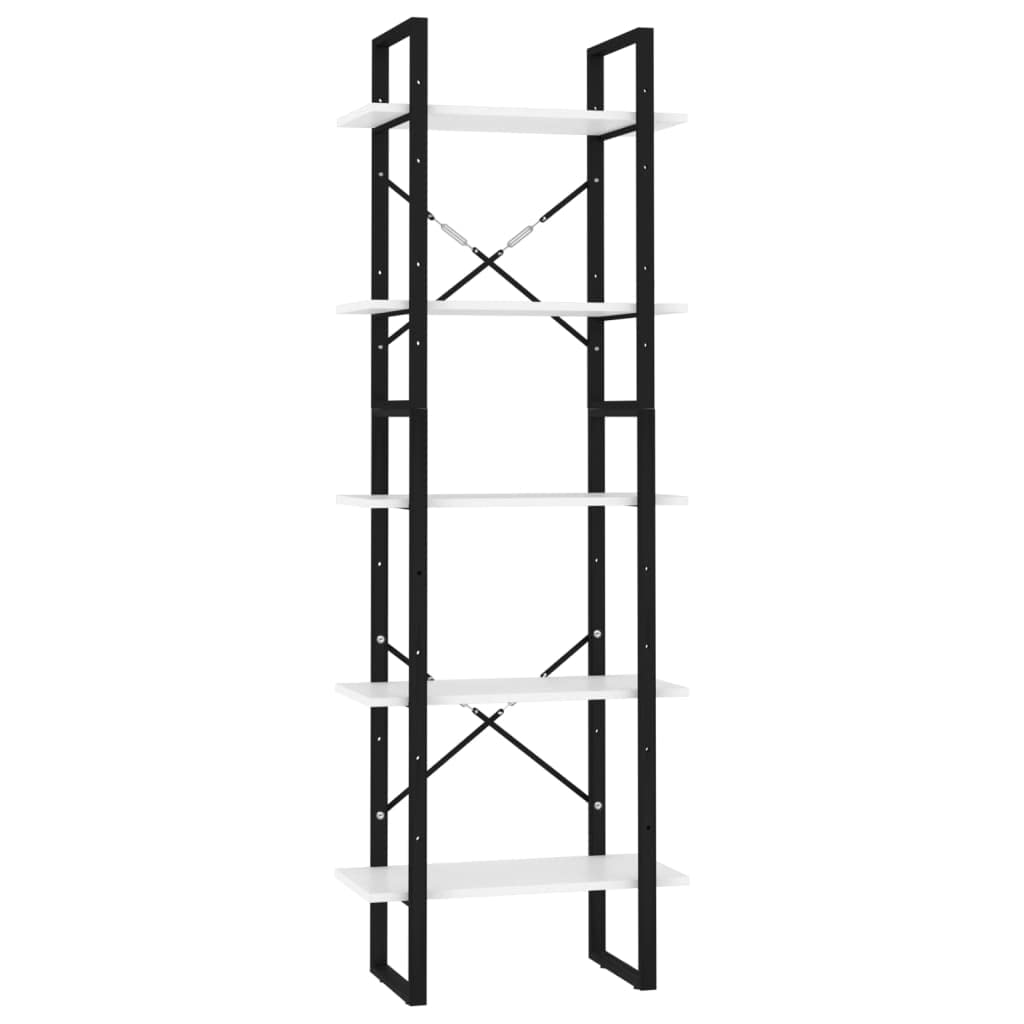 Librería con 5 compartimentos, color blanco, 60 x 30 x 175 cm, material de madera, marco de metal, diseño moderno, estante alto, estante bajo, set para salón, oficina