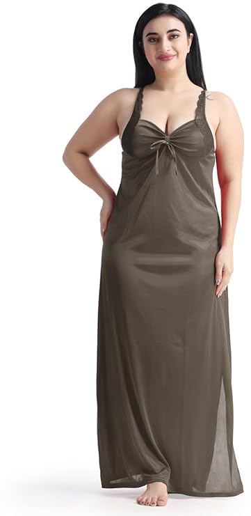 Image of Satin 6 Piece Nightwear Set, Coral Pink Lace Trim Sleepwear with Robe, Nighty, Top, Shorts, Lingerie Set for Women, Summer Collection-Mehndi Green.