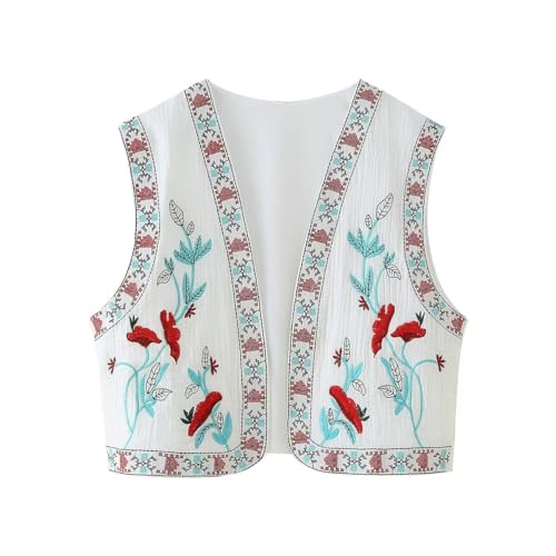 PAODIKUAI Women's Vintage Floral Embroidered Vest Boho Casual Open Front Y2k Sleeveless Cardigan Waistcoat