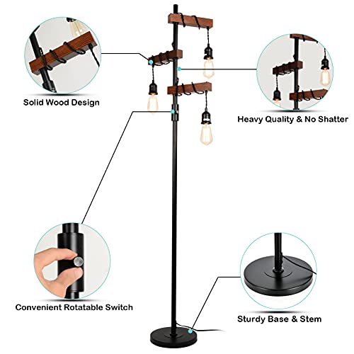 Airposta Industrial Floor Lamp, Farmhouse Tree Floor Lamp, 68 Inch 3 Lights Wood Standing Lamp, Sturdy Base Tall Vintage Pole Light, Metal Black Floor Lamps For Living Room Bedroom Office Rustic Home #TOP3