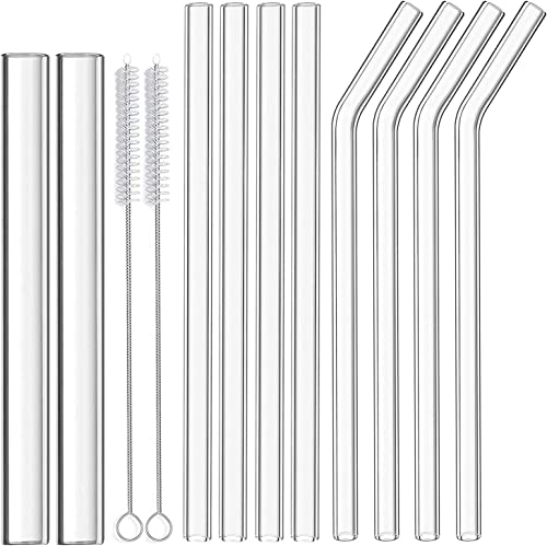 ALINK Reusable Glass Boba Straws - 10PCS Wide & Large Clear Glass Straws for Bubble Tea, Milkshakes, Tapioca Pearls with 2 Cleaning Brushes