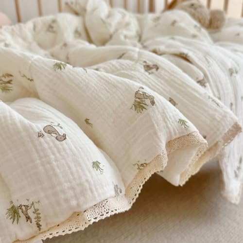 Image of BuLuTu Cartoon Bunny Gauze Toddler Quilt Kids Blankets for Girls Boys, Soft Breathable Cotton Muslin Kids Comforter Quilted Blanket with Cute Rabbit Pattern, 47 inchx59 inch, No Pillow