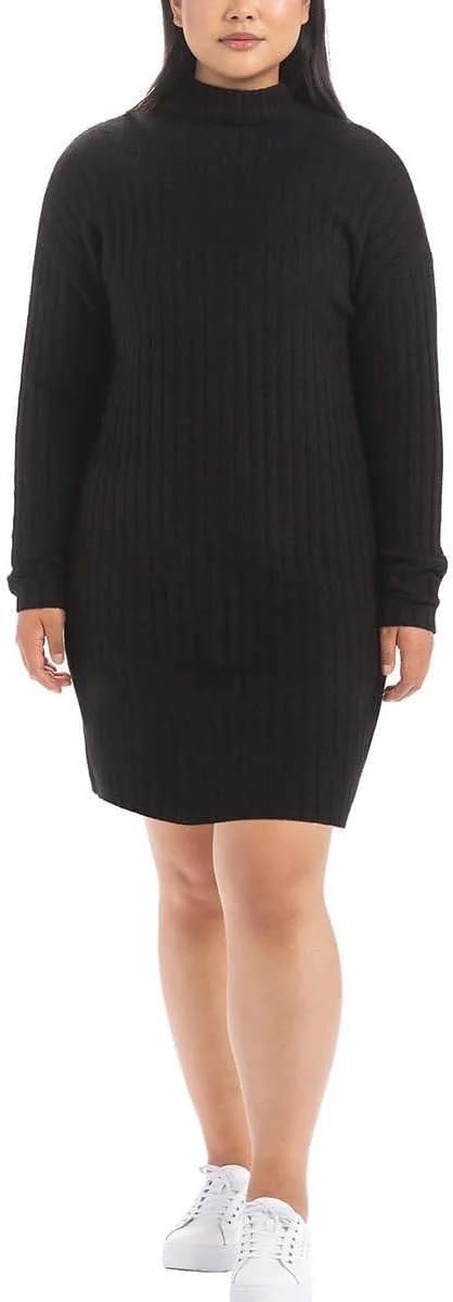 Hilary Radley Women's Mock Neck Sweater Dress, Relaxed Fit, Rib Knit, Long Sleeve