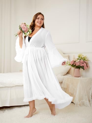 OYOANGLE Women's Plus Size Sheer Ruffle Trim Long Sleeve Belted Robe Bride Wedding Party Long Bathrobe3