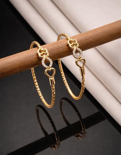Image of Gold Plated Heart Bangle Bracelet, Twisted Rope Design with Black and Crystal Accent, Adjustable Cuff Style, Fashion Jewelry for Women