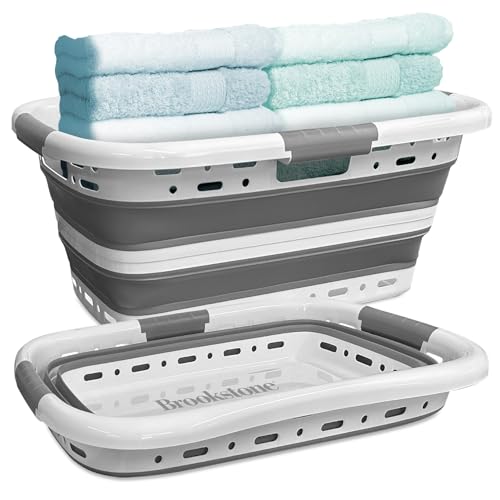 Image of Brookstone 11 Gal Collapsible Laundry Basket With 3 Handles, Hip Hugger Design, Non-Slip Comfort Grip, Lightweight BPA-Free Space Saving Pop-Up Hamper, 24 In, Portable and Sturdy, Light Gray