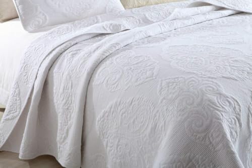 Brandream King Size Quilt Set Cotton White Quilts Vintage Quilted Comforter Set Queen Bedspreads Paisley Matelasse Coverlet Set 3-Piece