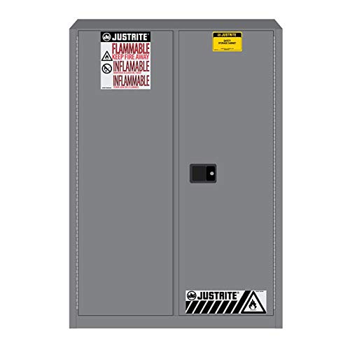 Justrite 894503 Sure-Grip Ex Galvanized Steel 2 Door Manual Flammables Safety Cabinet, 45 Gallon Capacity, 43" Width X 65" Height X 18" Depth, 2 Adjustable Shelvess, Gray #TOP11