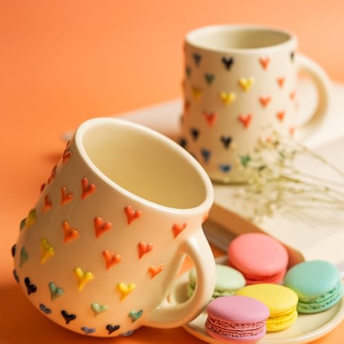 Image of The Deluxe Creations Heart Embossed Ceramic Coffee Mug Set of 2 - 280ml Handcrafted Cups | 3D Design | Aesthetic Tea & Coffee Mugs | Diwali Gift (Colorful Heart-Embossed Mugs)