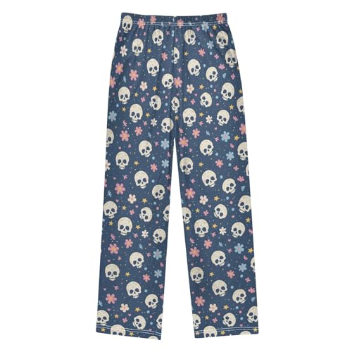 Skull with Cute Floral Pajama Pants Lounge Sleep Pants Elastic Waist Long Pajama Bottoms with Pockets for 6-14 Years2