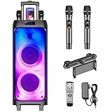 GEARDON Karaoke Machine for Adults Kids, Dual 8' Subwoofer, Portable Outdoor Bluetooth Speaker w/Wireless Microphones for Singing, Recording, DJ lights, Car Tablet Holder, Mics, Party Loud-Speaker
