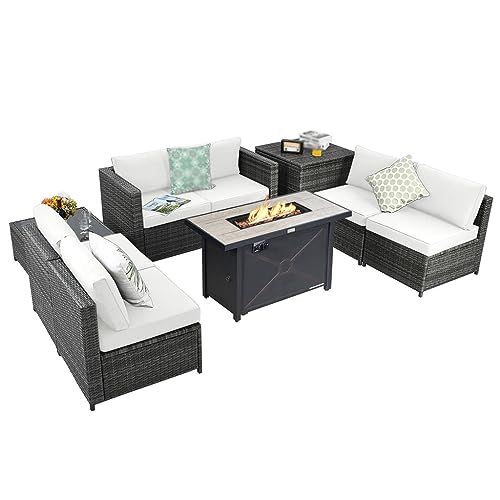 9 PCS Ratio Furniture Set W/42" Fire Pit Table & Coffee Table & Soft Seats White