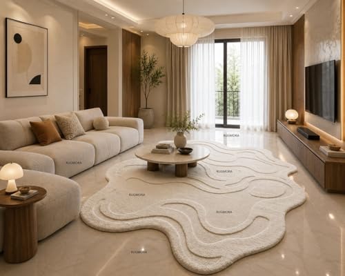 Image of Hand Tufted Wool Rug 6x8 Ft - Modern Irregular Shape Aesthetic Carpet, 1 Inch Thick Pile, Anti-Skid Backing, Soft Handmade Woolen Area Rug for Living Room, Bedroom, Hall Decor
