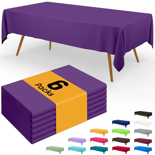 Image of Smiry Disposable Table Cloth - 6 Pack, 54 x 108 Inch Waterproof Rectangle Tablecloths for Parties, Decorative Plastic Table Cover, Leakproof & Sturdy, Purple