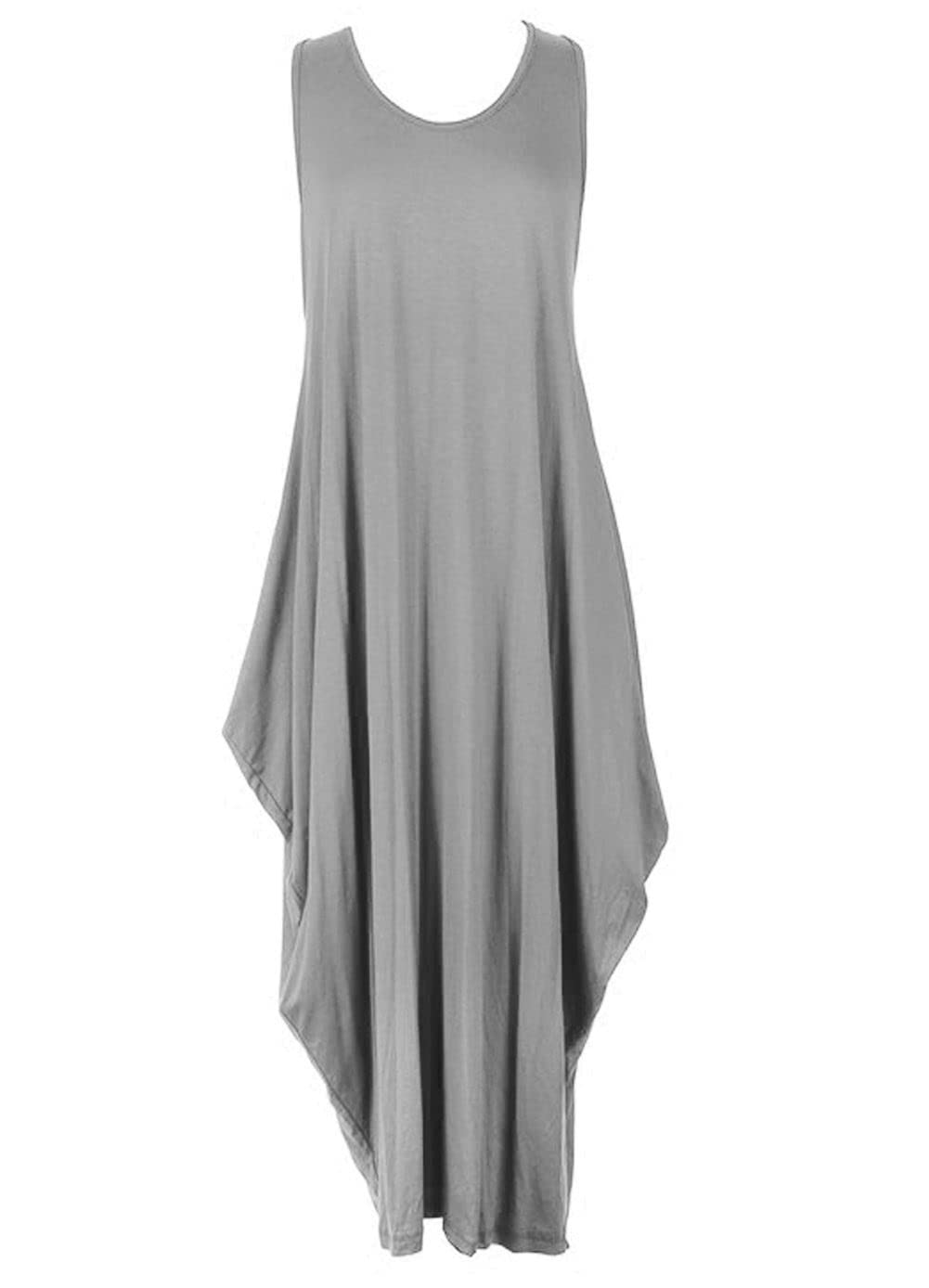 Zee Fashion Women's Grey New Italian Lagenlook Tulip Parachute Dress Stretchy Sleeveless Long Tunic Top 8-18