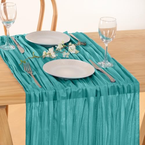 Image of MLMC 6 Pack Teal Table Runner 10ft Rustic Summer Cheesecloth Table Runner Gauze Cheese Cloth Centerpiece Decororations 65x120 Inches for Wedding Baby Shower Outdoor Picninc Decor