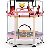 SOFTHOM Trampolin für Kinder, 150cm Trampolin Outdoor, Kindertrampolin Indoor bis 250 KG Belastbar, 3-Fach Verstellbares Turnstange, Sicherheitsnetz, Rutschfeste Basis, Schaukel, Sandsack, Drei Farben
