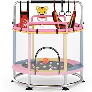 SOFTHOM Trampolin für Kinder, 150cm Trampolin Outdoor, Kindertrampolin Indoor bis 250 KG Belastbar, 3-Fach Verstellbares Turnstange, Sicherheitsnetz, Rutschfeste Basis, Schaukel, Sandsack, Drei Farben
