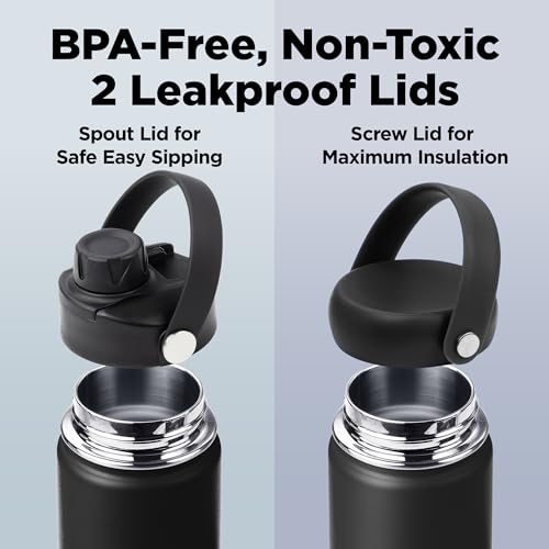 Image of ThermoProof Double-Walled Vacuum Insulated Stainless Steel Water Bottle - Wide Mouth with Chug & Spout Lids, Dishwasher Safe, Reusable, Leakproof, Hot & Cold for Men, Women & Kids - 22oz, Black