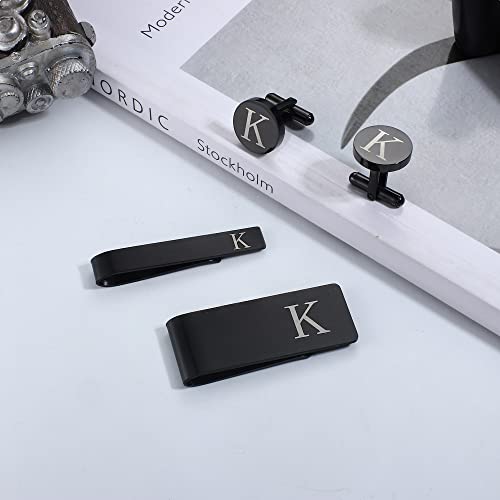 ORAZIO 4 PCS Initial Cufflinks and Tie Clips for Men Stainless Steel Personalized Engraved Cuff Links and Tie Bar Money Clip Set Alphabet Letter A-Z with Gift Box for Father Husband-BK