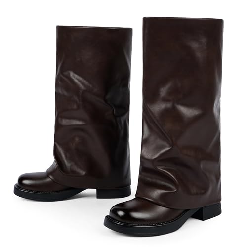 Image of Knee High Boots Women Fold Over Boots Chunky Heel Pointed Toe Tall Boots | Fashion Slouchy Boots,Side Zipper Shark Boots,Fall Spring Winter Fashion Dress Tall Boots,Evening Bridal office Long Boots