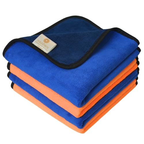Image of MUSHIES 800 GSM Microfiber Cloth (40x40 cm, Pack of 4) Double Layered Highly Absorbent Heavy Plush Microfibre Towel Cloth for Car Cleaning, Washing, Drying, Polishing & Detailing (Blue /Orange)