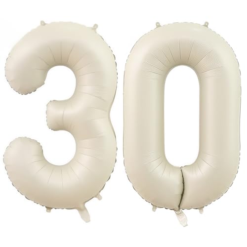 Image of Cream Number 30 Balloons,40 Inch 30 Balloons Giant Helium Foil Mylar Beige 30 Balloon Number for Birthday Party Anniversary Decorations