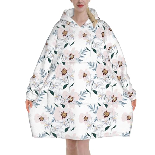 Sweat à capuche couverture en flanelle rose à motif pivoines pour adulte