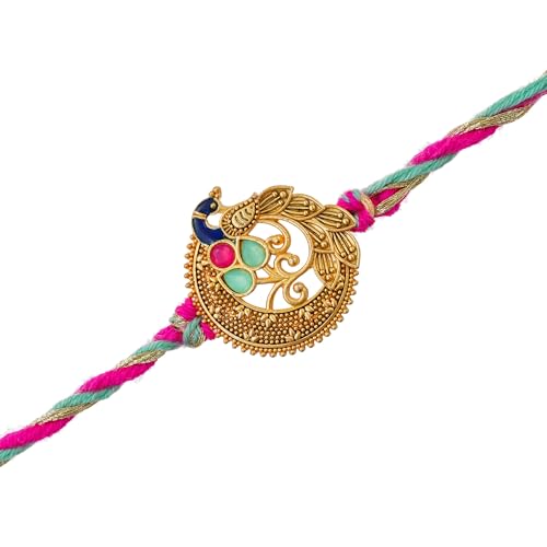 Image of eCraftIndia Peacock Designer Rakhi for Brother with Roli Chawal Pack | Mor Pankh Rakhi for Bhaiya Bhai