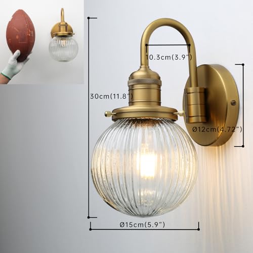Image of Industrial Vintage 1-Light Wall Sconce with 5.9 inch Round Ribbed Clear Glass Globe Lampshade, U-Shaped Indoor Wall Mounted Lamp Fixture for Bedroom Living Room Bathroom Vanity