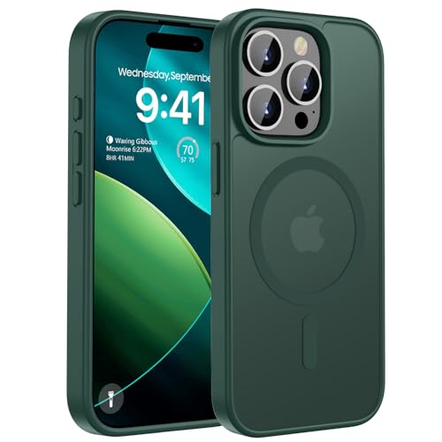 ORDA Magnetic Case for iPhone 15 Pro Max Case,Translucent Matte Back Slim for iphone 15 pro Max phone case,Military Grade Drop Proof Hard Back Protective Cover 6.7-Deep Green