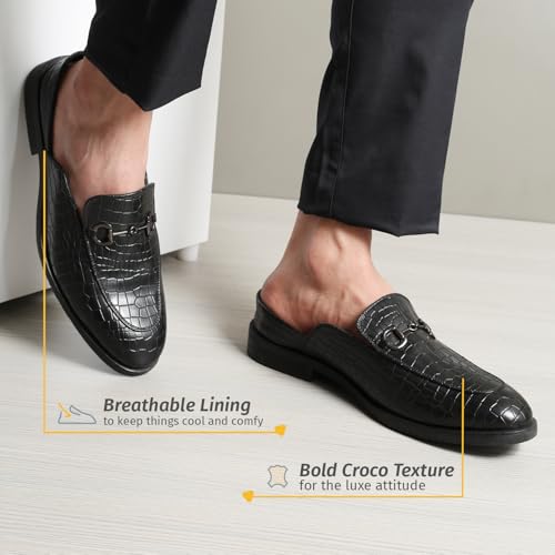 Image of YOHO Lofos Mules for Men | Open Back Cut Comfortable Loafers | Stylish, Flexible Slip-On Formal Shoes with Footpharma Footbed