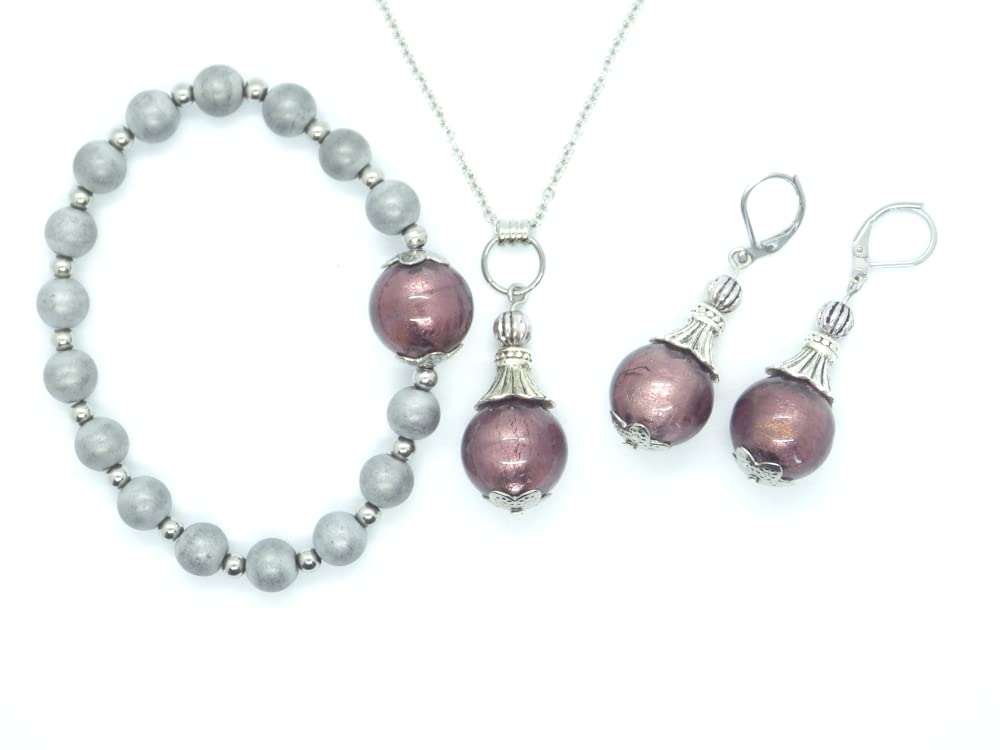 Conjunto de joyería pendientes, collar y pulsera en acero inoxidable, hematites y cuentas de cristal de Murano violeta