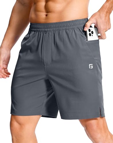 GGJ Men's Lightweight Athletic Shorts with 2 Zipper Pockets 7" Gym Workout Running Quick Dry Tennis Basketball Shorts for Men Grey M
