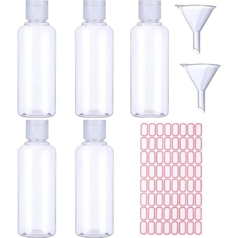 Voarge 5 Pack 100ml Plastic Bottle with 2 Small Funnel and 64 Sheets Free Labels, Transparent Plastic Air Flight Travel Bottle Set with Small Funnel for Flight, Airport, Vacation Cover