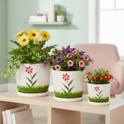 Image of Xtore Vibrant Floral Ceramic Planter Set with Drainage Saucers | Decorative Indoor Flower Pots for Living Room, Balcony, Office Desk & Tabletop Plant Display (Set of 3, White & Green - Planters only)