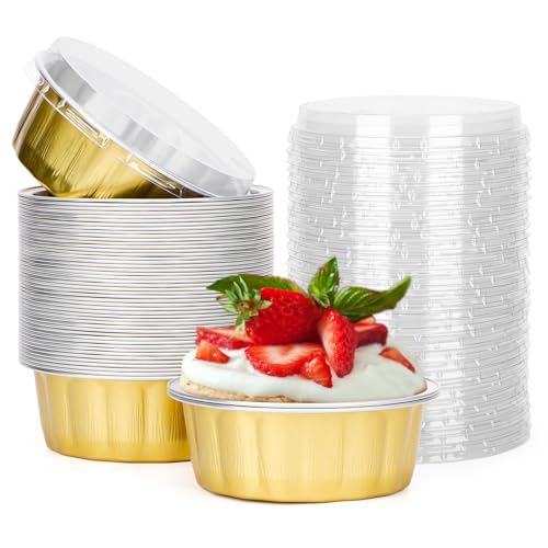 Beasea Disposable Ramekins with Lids, 8 oz 50 Pack Golden Aluminum Foil Cups Disposable Creme Brulee Muffin Cupcake Baking Cup Mini Pudding Cups for Party Wedding Birthday by Beasea - Used condition - US$12.59