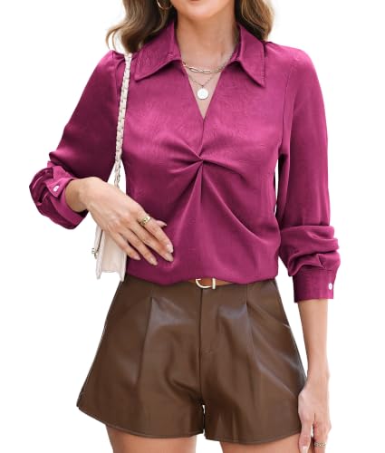 RUMIA Longsleeve Satin Silk Fall Blouses Shirt for Women Business Work Top Fuchsia
