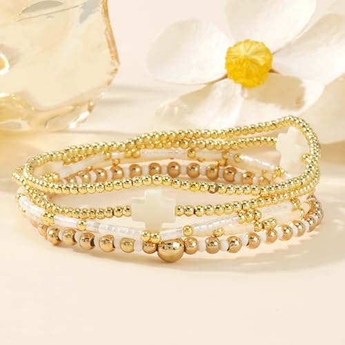 5Pcs Gold Plated Cross Beaded Bracelets Stack Set for Women,Stretch Stackable Boho Colorful Beads Ball Jewelry Friendship Summer Daily Wear Trendy3