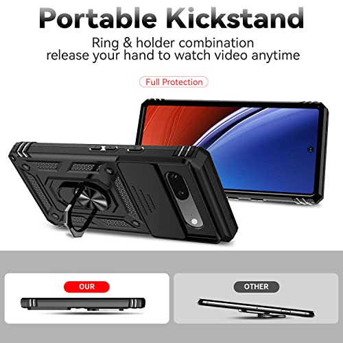 For Google Pixel 7A Case With Slide Camera Cover Hd Screen Protector [Military Grade 16Ft. Drop Tested] Magnetic Ring Holder Kickstand Protective Phone Case For Google Pixel 7A, Black #TOP6