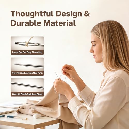 CLEANGOR 70Pcs Sewing Needle Set, 7 Size Large Eye Hand Sewing Needles Kit with Threader & Thimble, Stainless Steel Embroidery Needles for, Leather, Quilting, Yarn Knitting, Crafts and Repairs