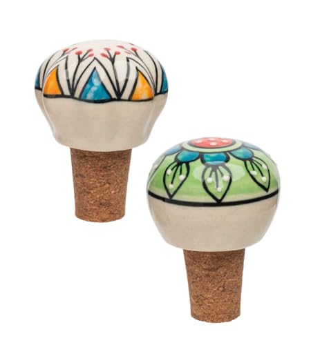 2 Stück Flaschenverschluss FLORAL weiß/grün aus Keramik und Kork, Weinflaschenverschluss Sektflaschenverschluss Glassflaschen, 1,8 x 1,8 x 2,4 cm