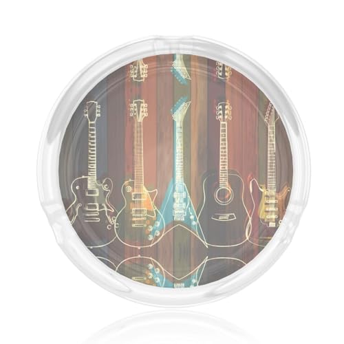 Posacenere rotondo in vetro con stampa di chitarre, 8,4 cm, in cristallo trasparente, per casa, ufficio e uso esterno