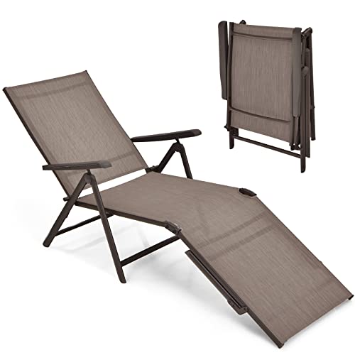 Giantex Patio Lounge Chair Foldable Chaise Lounger, Outdoor Sunbathing Chair W/ 5-Position Backrest, 2-Position Footrest, Steel Frame, Portable Recliner for Yard, Lawn Tanning Pool Chairs (1, Brown)