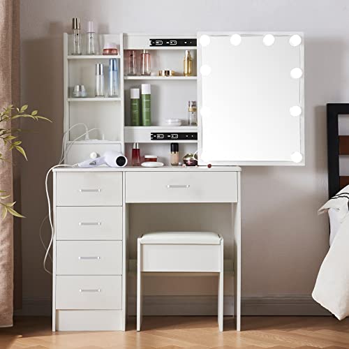Dressing Vanity Desk with Mirror and Lights, Hollywood Girls Vanity Table Sliding Mirror with 6 Large Capacity Drawers and Cushion Stool for Bedroom, Makeup Room White
