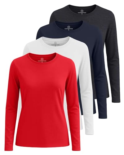 Real Essentials 4 Pack: Women's Cotton Classic-Fit Long-Sleeve Crewneck T-Shirt (Available in Plus Size)