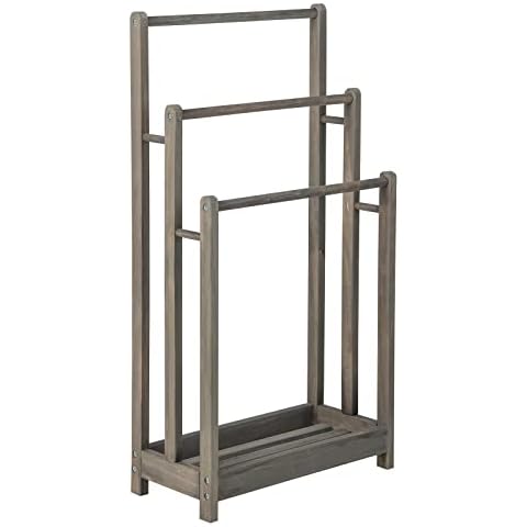 RELAX4LIFE 3-Tier Towel Rack, Freestanding Towel Rail Towel Holder with Bottom Shelf & Anti-Tipping Device, Wooden Towel Drying Bar Stand for Bathroom Hotel Poolside (Vintage Grey) Cover