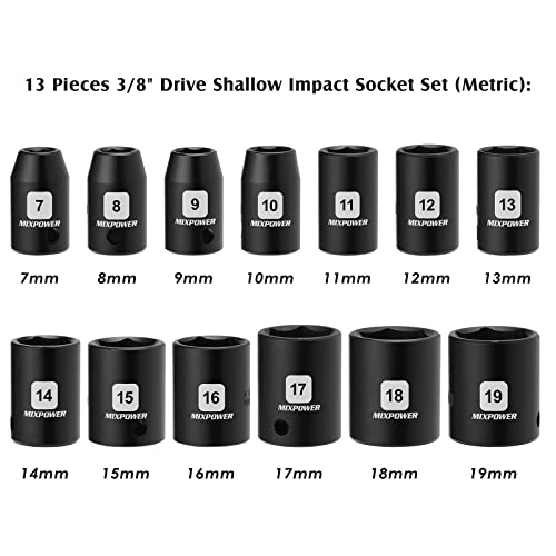 MIXPOWER 13 Pieces 3/8-Inch Drive Shallow Impact Socket Set, 7mm to 19mm, CR-V, Metric, 6 Point, Shallow, 13 Pieces 3/8\" Dr. Socket - Thumbnail 3